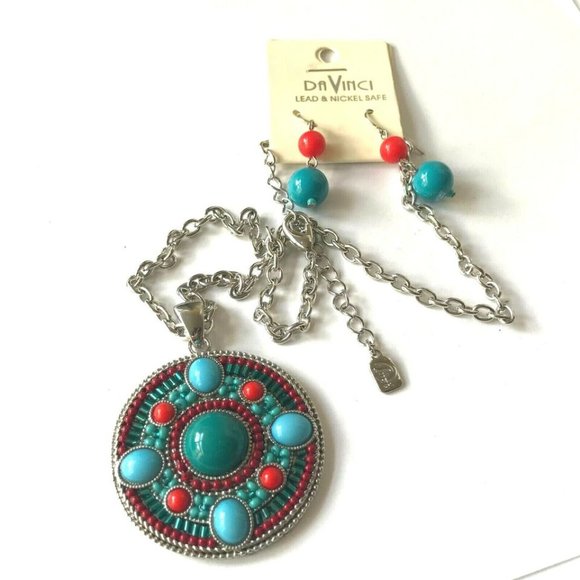 Southwestern Medallion Necklace Earrings Set Pendant Turquoise Beads Silver Tone - Picture 7 of 12